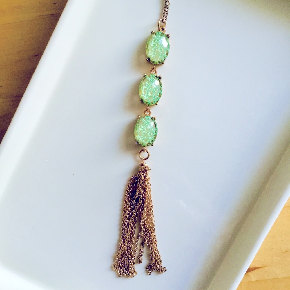 Mint Green Rhinestone and Gold Chain Tassel Pendant Necklace
